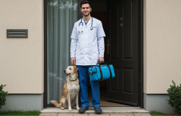 Ветеринар с чемоданчиком стоит у двери дома, рядом радостная собака и владелец.